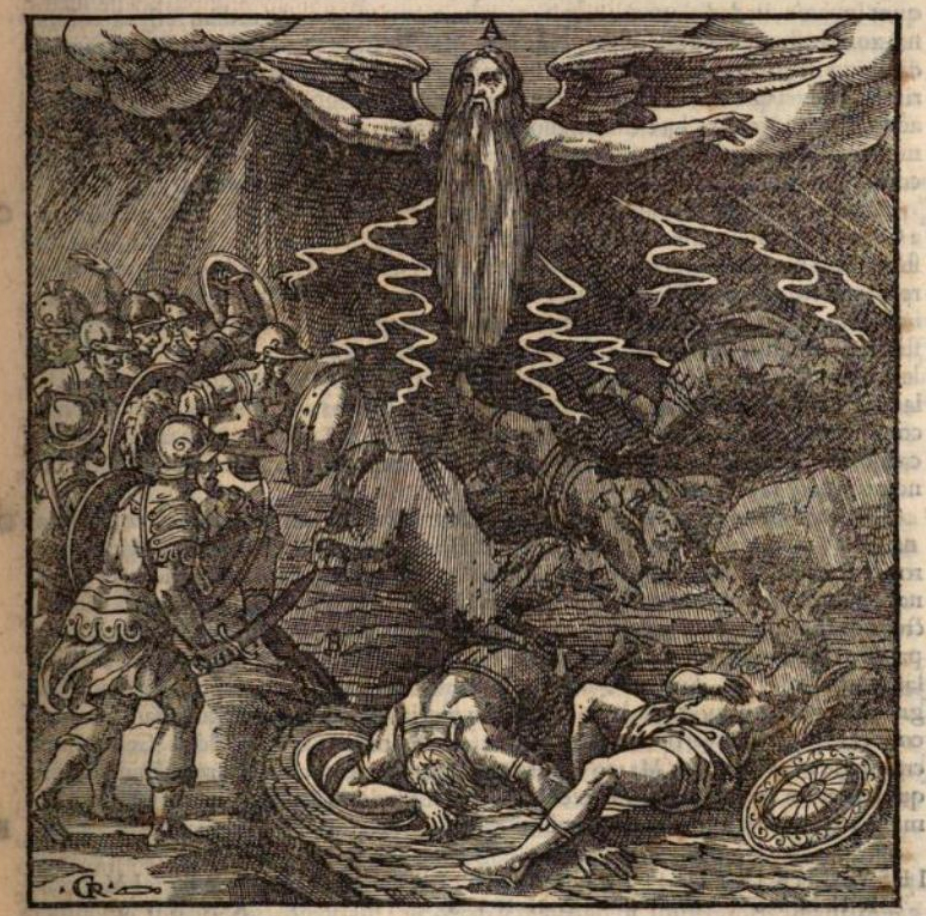 Una figura alata con la barba lunga, simile a una divinità, è raffigurata al centro della composizione, mentre richiama a sé nuvole e fulmini sopra i soldati sottostanti.