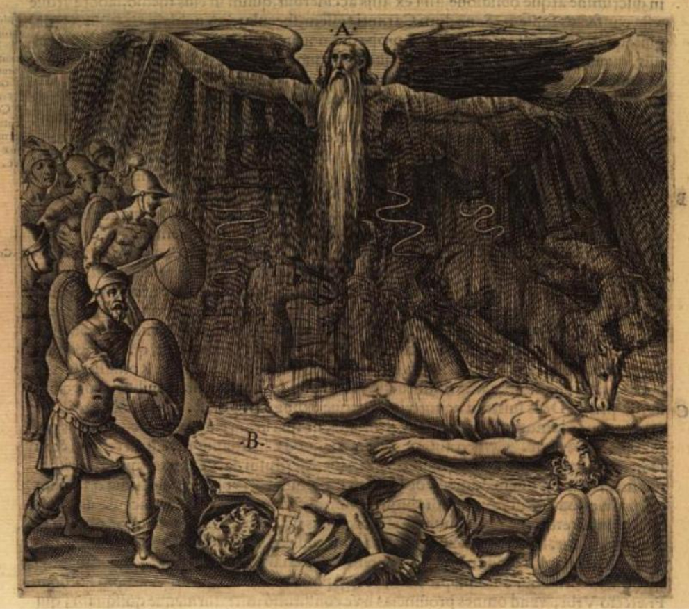 Una figura alata con la barba lunga, simile a una divinità, è raffigurata al centro della composizione, mentre richiama a sé nuvole e fulmini sopra i soldati sottostanti.