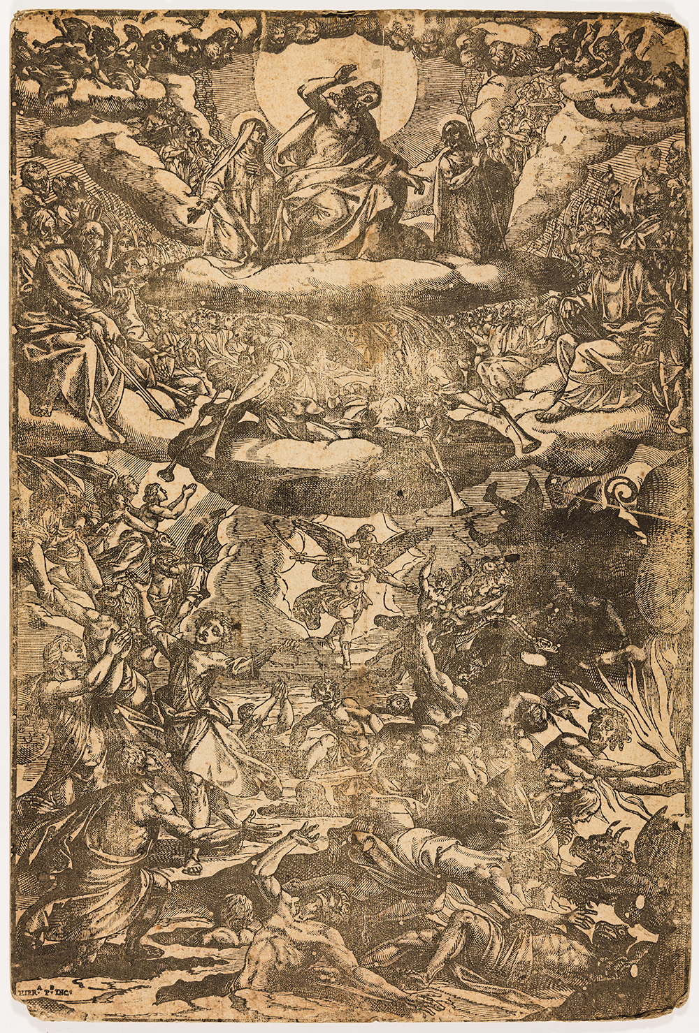 A detailed scene depicts figures rising from graves, angels, and the moment of divine judgment. The composition is divided into three registers, all summoned by Christ, who raises his right arm in a commanding gesture.
